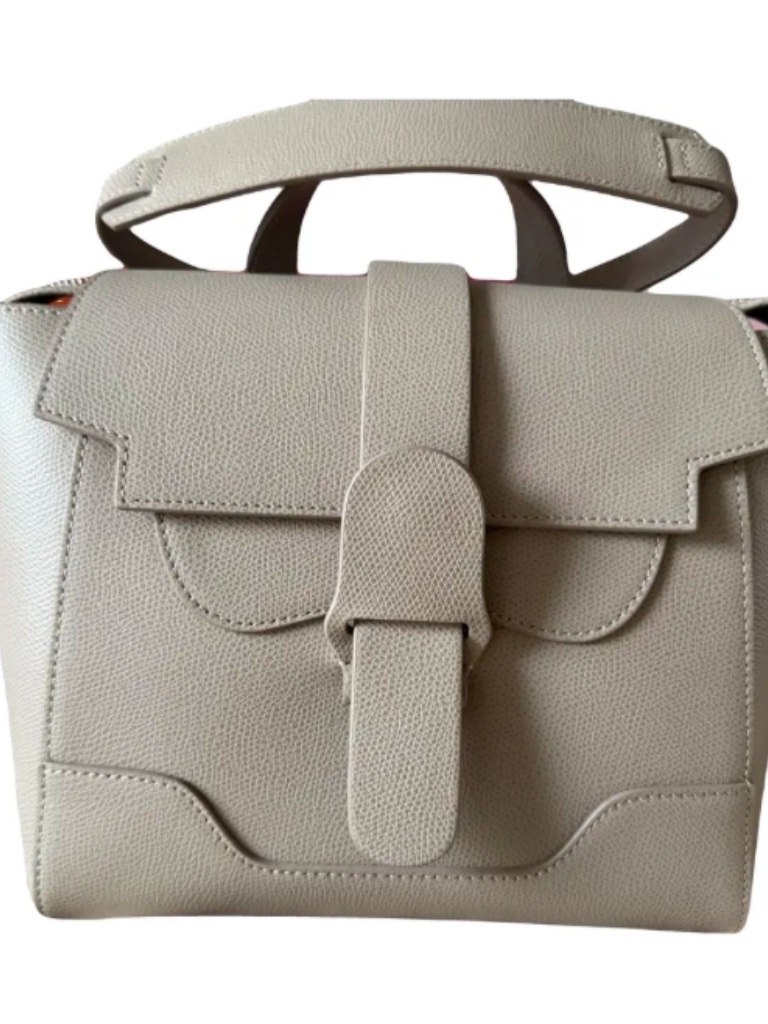 Senreve Taupe Pebbled Leather Buckle-Top Satchel In The Mini Size - Sand Color